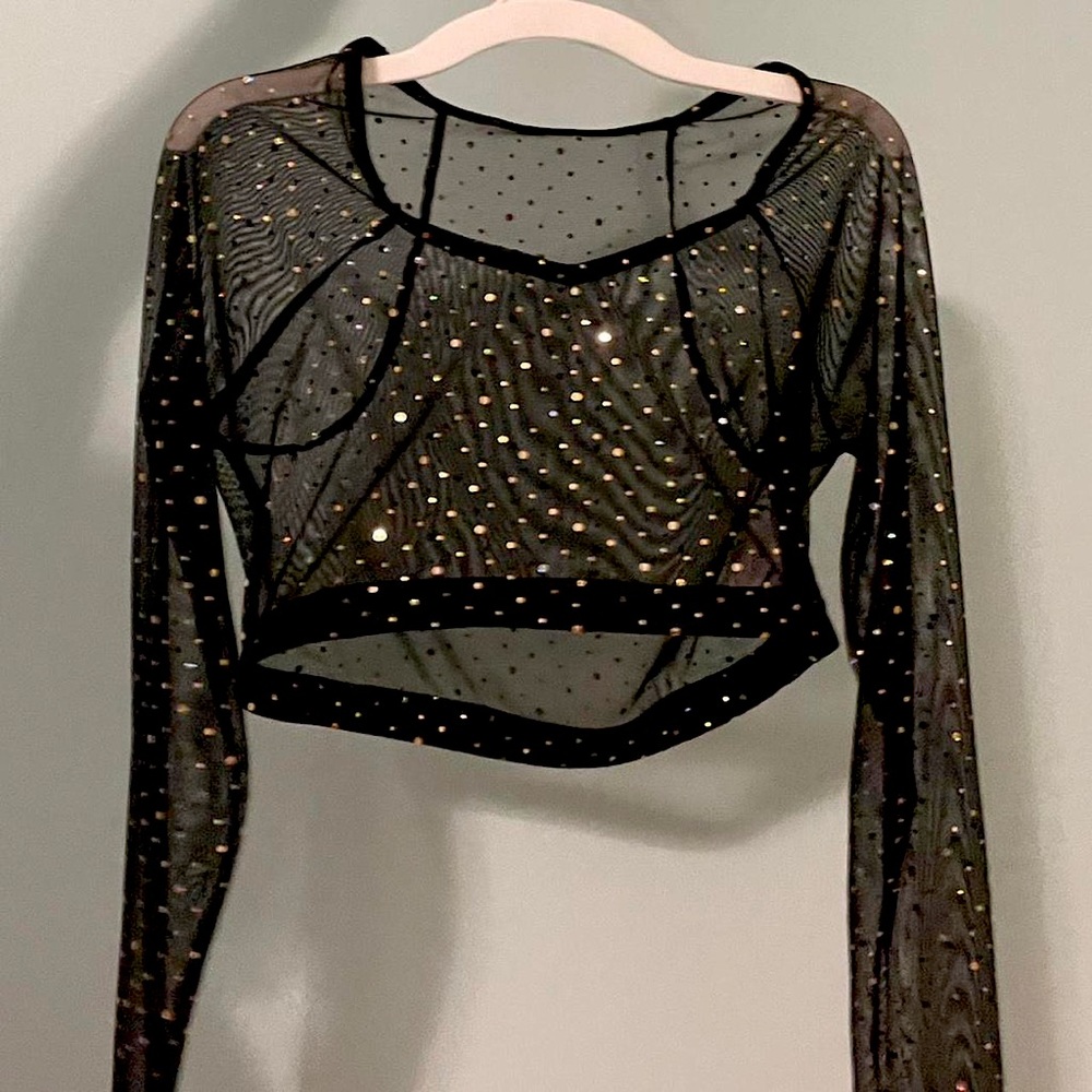 Black Mesh Sequins Long-sleeve Top